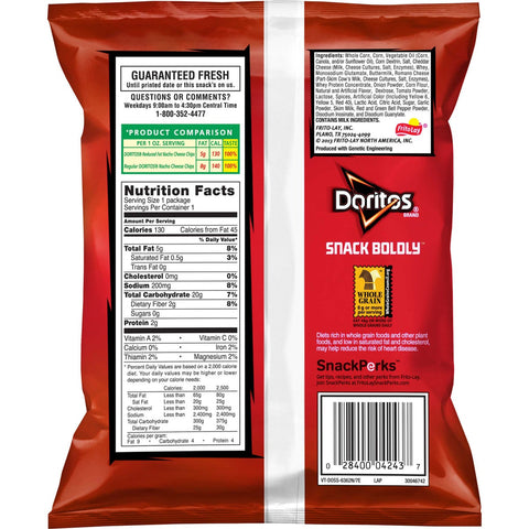 Doritos Reduced Fat Single Serve Nacho Cheese Tortilla Chips, 1 Ounce -- 72 per case.