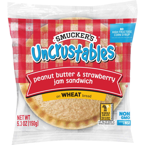 Smuckers Uncrustables Peanut Butter and Strawberry Jam Wheat Bread Sandwich, 5.3 Ounce -- 72 per case.