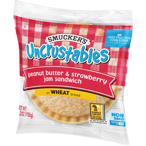 Smuckers Uncrustables Peanut Butter and Strawberry Jam Wheat Bread Sandwich, 5.3 Ounce -- 72 per case.