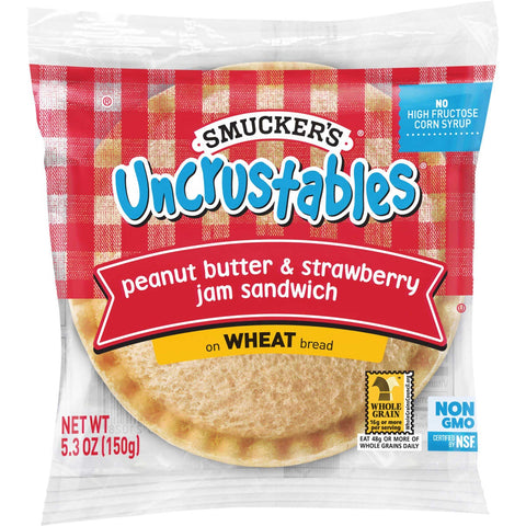 Smuckers Uncrustables Peanut Butter and Strawberry Jam Wheat Bread Sandwich, 5.3 Ounce -- 72 per case.