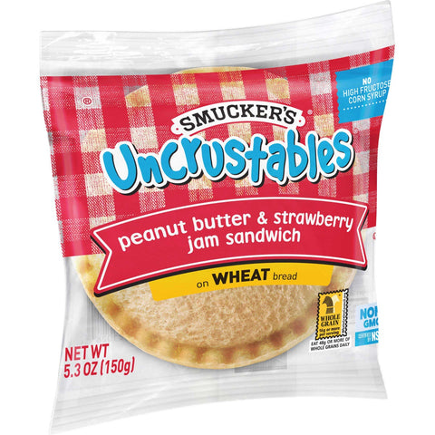 Smuckers Uncrustables Peanut Butter and Strawberry Jam Wheat Bread Sandwich, 5.3 Ounce -- 72 per case.