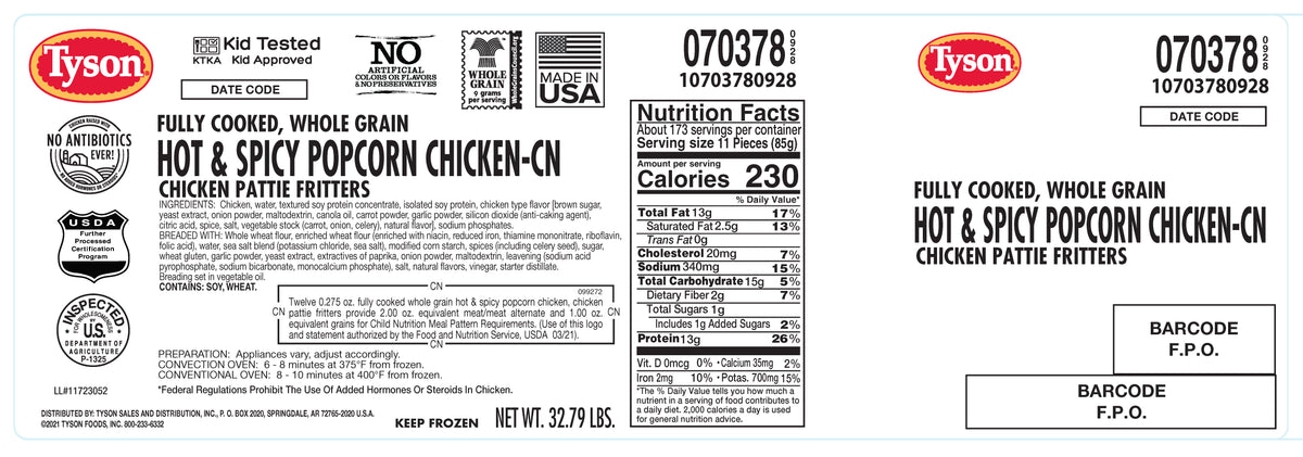 Chicken Popcorn Breaded Hot 'n Spicy Whole Grain Cn 0.27 Oz
