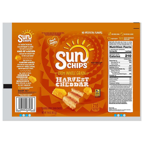 Sunchips Harvest Cheddar Whole Grain Chips, 1.5 Ounce -- 64 per case.