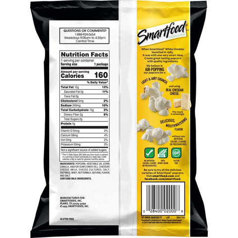 Smartfood White Cheddar Cheese Flavored Popcorn, 1 Ounce -- 64 per case.