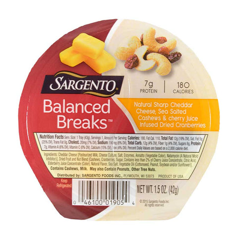 Sargento Balanced Breaks Single Natural Sharp Cheddar Cheese with Cashews and Cranberries, 1.5 Ounce -- 12 per case.