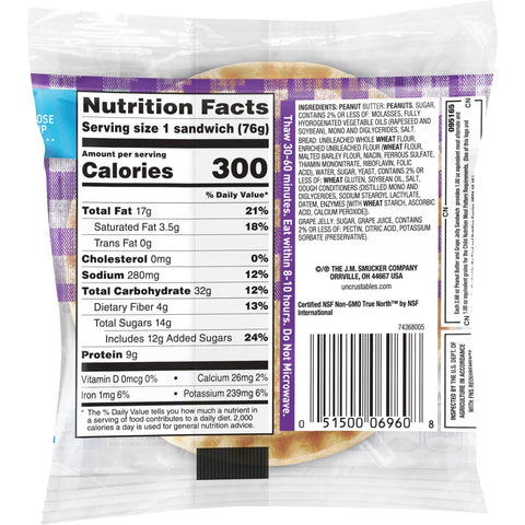 Smuckers Uncrustables Peanut Butter and Grape Jelly Wheat Bread Sandwich, 2.6 Ounce -- 72 per case.