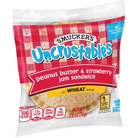 Smuckers Uncrustables Peanut Butter and Strawberry Jam Wheat Bread Sandwich, 2.6 Ounce -- 72 per case.