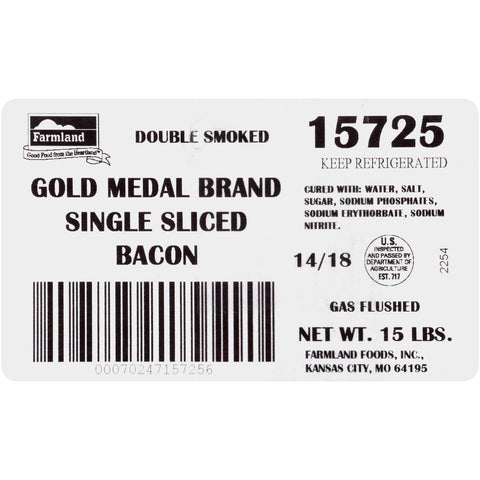 Farmland Gold Medal Single Sliced Bacon - Gas Flushed, 14/18 Slice, 15 Pounds