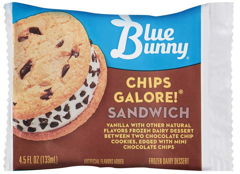Blue Bunny Chips Galore Vanilla and Chocolate Chip Cookie Ice Cream Sandwich, 4.5 Fluid Ounce -- 24 per case
