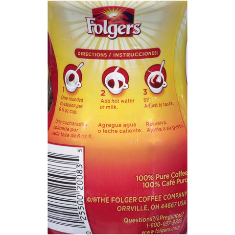 Folgers Classic Roast Regular Instant Coffee, 3 Ounce Plastic Jar -- 12 per case.