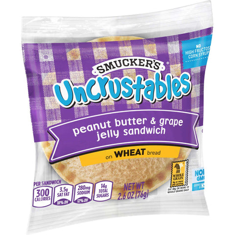 Smuckers Uncrustables Peanut Butter and Grape Jelly Wheat Bread Sandwich, 2.6 Ounce -- 72 per case.