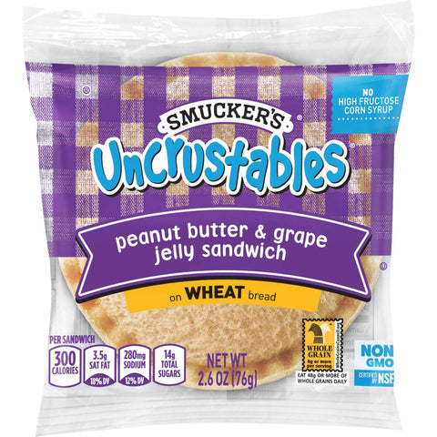 Smuckers Uncrustables Peanut Butter and Grape Jelly Wheat Bread Sandwich, 2.6 Ounce -- 72 per case.