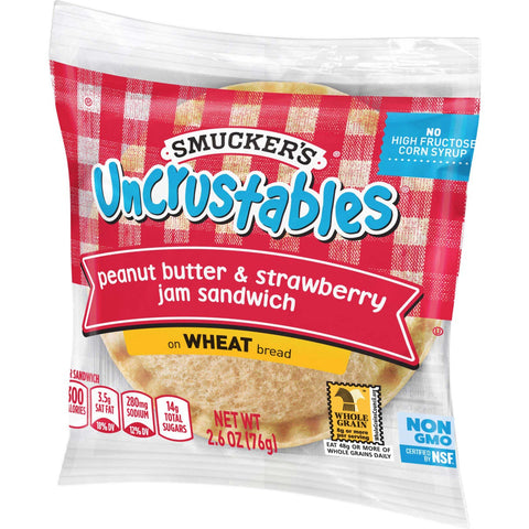 Smuckers Uncrustables Peanut Butter and Strawberry Jam Wheat Bread Sandwich, 2.6 Ounce -- 72 per case.