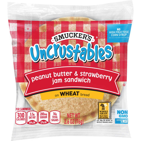 Smuckers Uncrustables Peanut Butter and Strawberry Jam Wheat Bread Sandwich, 2.6 Ounce -- 72 per case.