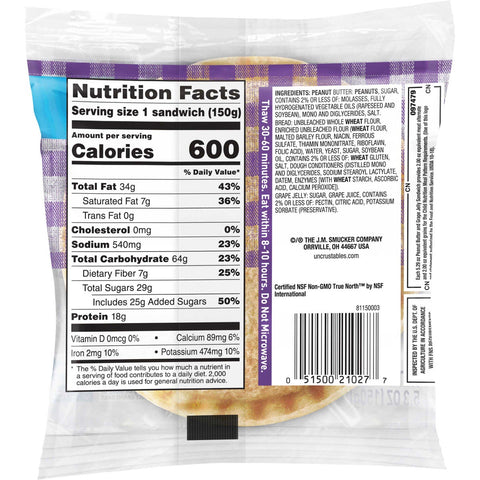 Smuckers Uncrustable Peanut Butter and Grape Jelly Wheat Bread, 5.3 Ounce -- 72 per case.
