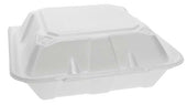 Pactiv Foam White 3 Compartment Hinged Lid Takeout Container, 9 x 9 x 3 inch -- 150 per case