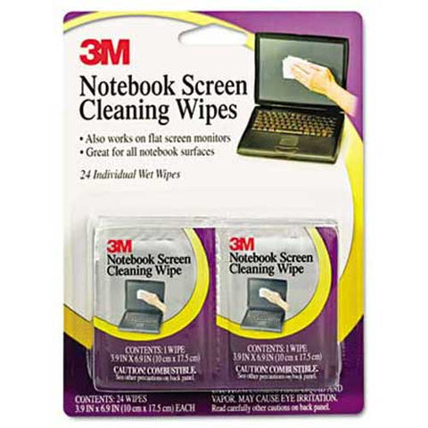 3M Notebook Screen Cleaning Wet Wipes, Cloth, 7 x 4, White, 24/Pack