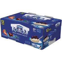Oikos Strawberry Blueberry Black Cherry Nonfat Greek Yogurt, 5.3 Ounce -- 12 per case.