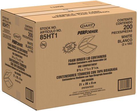 Dart Performer® CONTAINER FOAM WHITE MEDIUM SINGLE COMPARTMENT W/ REMOVABLE LID 8.4X7.9X3.3