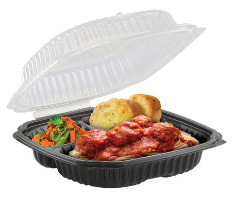 Container Plastic 3-compartment Black Base W/ Clear Hinged Lid 9x9