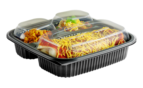Container Plastic Combo Pack W/ Microwavable Black Base & Clear Microwavable Lid 3-compartment