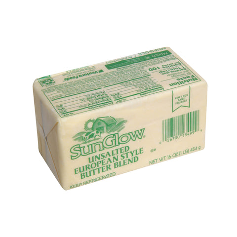 Sun Glow Unsalted European Style Butter Blend, 1 Pound per Brick