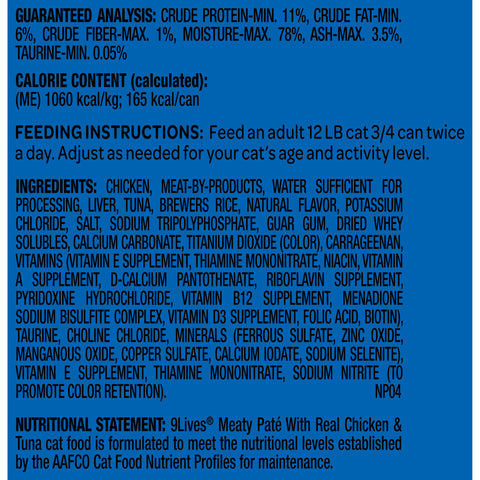 9 Lives Chicken and Tuna Dinner Ground Entree Cat Food, 5.5 Ounce -- 6 per case.