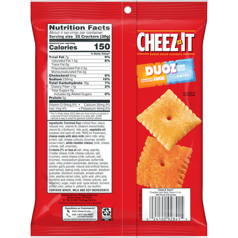 Cheez It Duoz Cheddar Jack and Baby Swiss Cracker, 4.3 Ounce -- 6 per case.