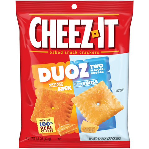 Cheez It Duoz Cheddar Jack and Baby Swiss Cracker, 4.3 Ounce -- 6 per case.