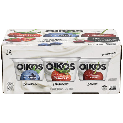 Oikos Strawberry Blueberry Black Cherry Nonfat Greek Yogurt, 5.3 Ounce -- 12 per case.
