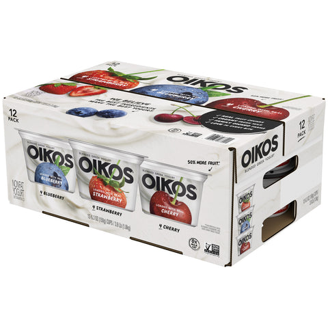 Oikos Strawberry Blueberry Black Cherry Nonfat Greek Yogurt, 5.3 Ounce -- 12 per case.