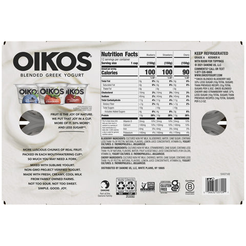 Oikos Strawberry Blueberry Black Cherry Nonfat Greek Yogurt, 5.3 Ounce -- 12 per case.