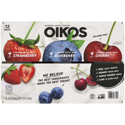 Oikos Strawberry Blueberry Black Cherry Nonfat Greek Yogurt, 5.3 Ounce -- 12 per case.