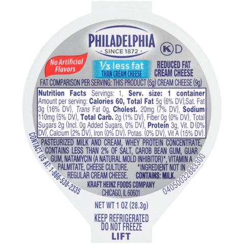 Kraft Philadelphia Light Cream Cheese - Cup, 1 Ounce -- 100 per case.