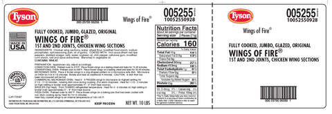 Tyson Glazed Unbreaded Jumbo Chicken Wing, 10 Pound.