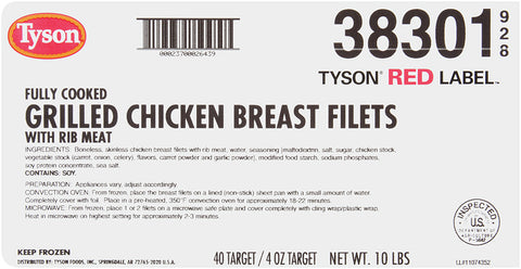 Tyson® Red Label™ CHICKEN BREAST FILLET BONELESS SKINLESS GRILLED FC 4 OZ 10383010928