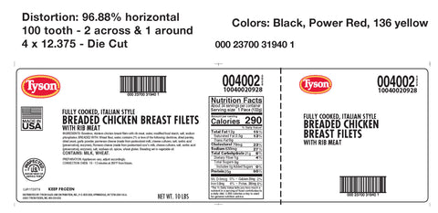 Tyson Italian Natural Chicken Breast Fillet, 4.7 Ounce -- 34 per case.
