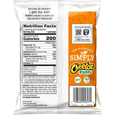 Cheetos® SNACK SIMPLY WHITE CHEDDAR PUFFS CHEESE FLAVORED