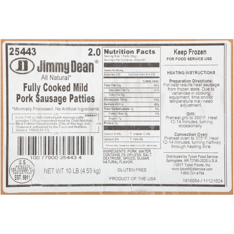 Jimmy Dean Fully Cooked Child Nutrition 3.75 Inch All Natural Mild Sausage, 2 Ounce -- 80 per case