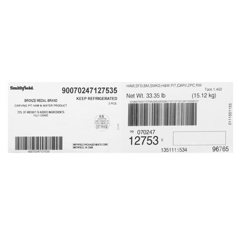 Smithfield Pit Ham, Bronze Medal, Ham and Water Product, 2/15.65 lb, Random Weight