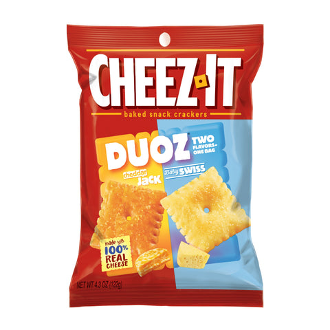 Cheez It Duoz Cheddar Jack and Baby Swiss Cracker, 4.3 Ounce -- 6 per case.