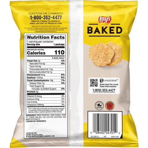 Lays Oven Baked Original Potato Crisps, 0.875 Ounce -- 60 per case.