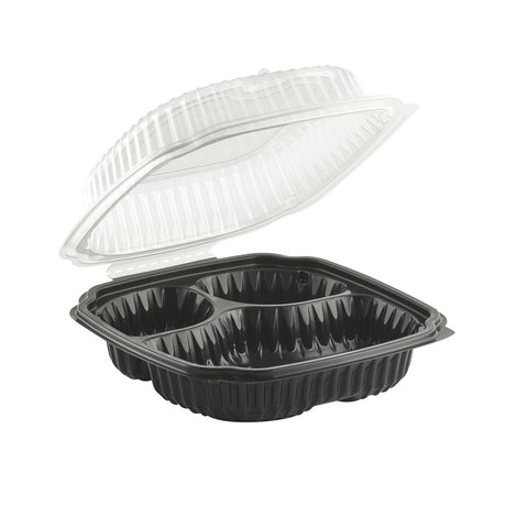 Container Plastic 3-compartment Black Base W/ Clear Hinged Lid 9x9