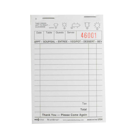 Guest Check Waiter Pad Paper 1 Part White 13 Line 3.5x5.125